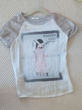 White Tee with Silver Sequin Sleeves and Pink Graphic